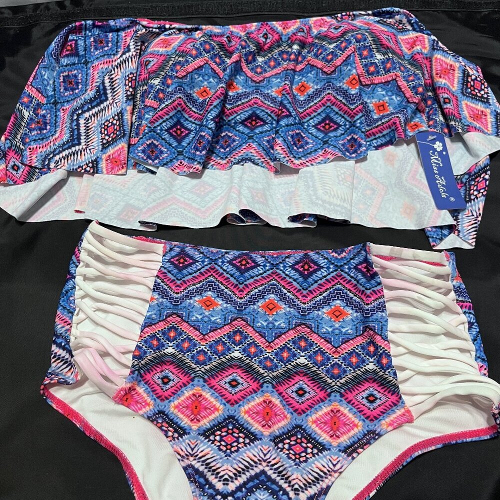 NEW Women's 2 Piece Bikini Miss Adola Pink Blue & White Swimsuit Size Large